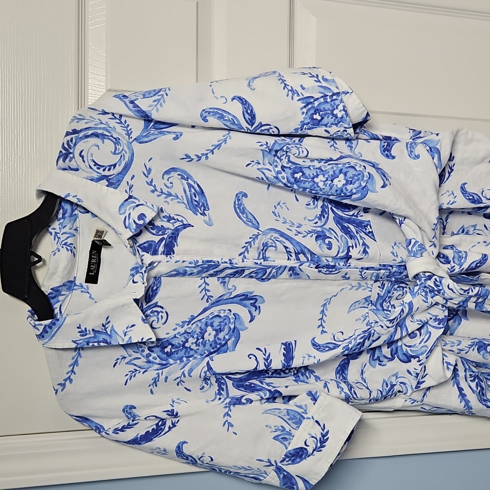 Lauren Ralph Lauren Linen Short Sleeve Button Front Dress: Blue/White Print: 22W